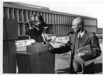 Robert Oppenheimer in front of the physics building at the Weizmann Institute